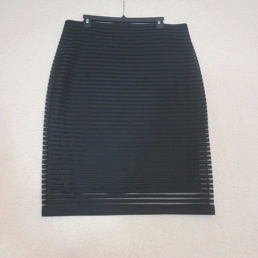 Cabi Pencil Skirt Womens L Black Ribbed Mesh Overlay Knee Length Stretch Bodycon